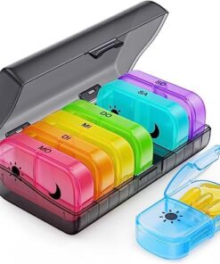 AUVON Tablettenbox 7 Tage Morgens Abends, Feuchtigkeitsbeständige Pillendose 2 Fächer für Tasche (Regenbogen)