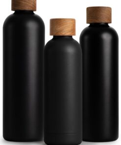 T&N Thermosflasche 500ml Edelstahl + Auslaufsicher bei Kohlensäure + Akazienholz Deckel - Isolierte Trinkflasche Anthraz