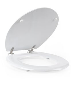 Beldray WC Sitz mit Absenkautomatik Weiß + Holz Klodeckel Oval Premium Edelstahlscharnier Einfache Montage
