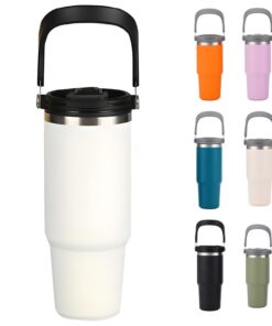 JEELINBORE Thermobecher für Reisen mit klappbarem Tragegriff 20oz Weiß Isoliert Kaltgetränke Kühlbecher