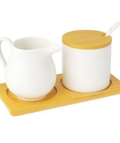 Milch und Zucker Set Keramik Weiß für Spülmaschine und Mikrowellegeeignet mit Deckel und Löffel