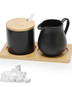 Milch und Zucker Set Schwarz, 5-teilig Keramik, Kaffee Küche, Mikrowellen- und Spülmaschinenfest, Mit Deckel und Löffel