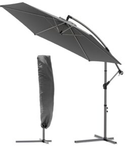 VOUNOT Ampelschirm 300 cm Sonnenschutz UV-Schutz Grau Kurbelschirm Kurbelvorrichtung Schutzhülle Gardenschirm