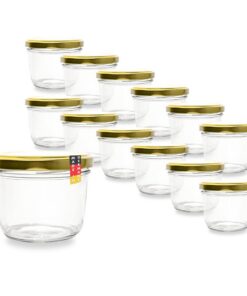 Flaschenbauer Premium Sturzgläser 230 ml 12er Set – Twist-Off Marmeladengläser mit Gold Deckel & Etiketten
