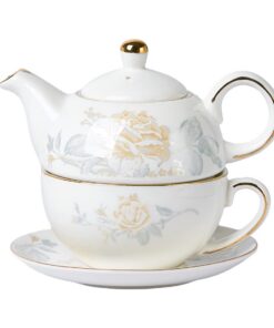 Teapology Porzellan Teekanne und Tasse Set für eine Person, Floral Teekanne mit Gold Rose, Geschenkidee für Frauen