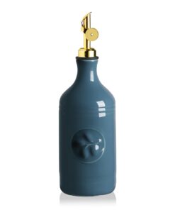 Sweejar Home Keramik-Olivenölspenderflasche 460 ml, Küche, Evoo, Sojasauce, Relief, Nebelblau, goldfarbener Auslauf, 1 P