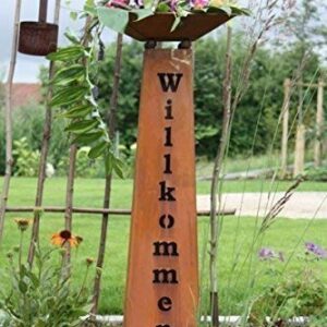 Rostikal Vintage Willkommen Deko Säule 1,10 m Edelrost Pflanzschale Gartendeko