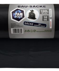 PAM-FOLIE Professional Müllsäcke 160L - Bauschuttsäcke - 60µm - Extra Stark - 10 Stück - schwarzer Müllbeutel - Bausäcke
