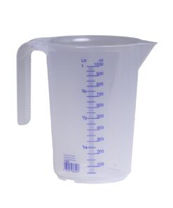 Hünersdorff Messbecher 1L | Spülmaschinengeeignet und bruchsicher | Offener Griff |blaue Skala, Transparent+blau