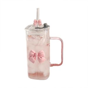 CNNBYYDS 400ml Eleganter Trinkglas mit Deckel und Strohhalm (Rosa), Aesthetic Teetasse mit Coquette Schleife, Trinkbeche