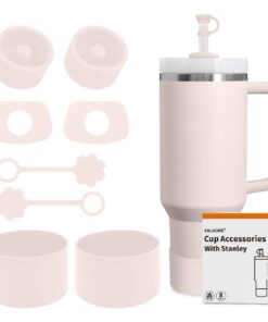 SALUOKE Stanley Cup Zubehör Rose Quartz - 8 Stück, 2 Strohdeckel, 4 Auslaufsichere Silikonstopfen, 2 Silikonhüllen, 1,2l