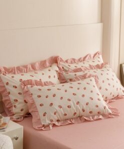 Lanqinglv 2er Pack Kopfkissenbezug Weiche Mikrofaser Rosa Erdbeeren | Lanqinglv 2er Pack Kissenbezüge Rüschen Design Mi