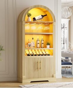 LVSOMT LED-Weinschrank mit 3-Farben-Beleuchtung, 4 Reihen Rotweinglasregal und Stauschrank, 180cm, für Küche, Esszimmer