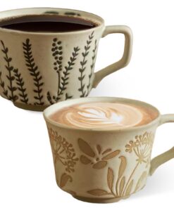 Handgefertigte Keramik Kaffeetassen 350ml 2er Set - Geschirrspülersicher Mikrowellensicher Retro Design