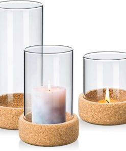 Tuuters 3er Windlicht-Set aus Borosilikatglas für Zeltern im Freien mit KorkUntersetzer
