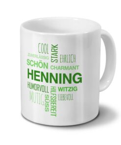 printplanet Tasse mit Namen Henning Positive Eigenschaften Tagcloud Grün - Namenstasse Kaffeebecher