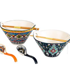 HENXFEN LEAD Ramen Schüssel Set Porzellan 2er-Set 780ml mit Essstäbchen & Löffel - Bunter Bohemian Style
