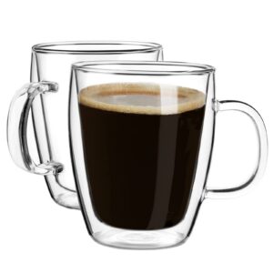Doppelwandige Glas-Kaffeetassen mit Griff - klare Tassen für Cappuccino, Espresso, Tee und Latte (473 ml) | YUNCANG 2er