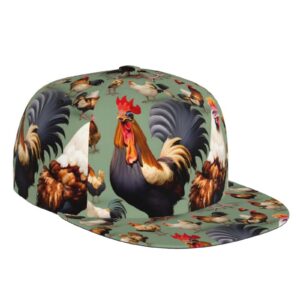 Hahn und Huhn Modische flache Krempe Baseball Cap Schwarz Alltagsausflüge Outdoor-Sportarten verstellbare Druckknöpfe