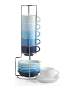 S paarst Jewel Porzellan-Espresso-Tassen und Untertasse, stapelbar, mit Metallständer, 70 ml, perfekt für Kaffee, Latte,