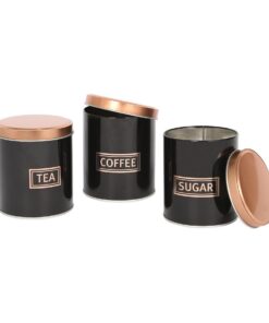 Harbour Housewares 3pc Runder Metall Kanister-Set Schwarz/Kupfer mit Deckel für Tee Kaffee Zucker