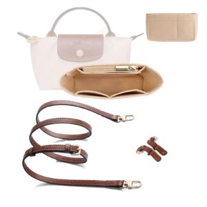 Nircho Taschen-Organizer & Schultergurt für Longchamp Mini Beige&Braun, Filz Geldbörsen-Organizer mit No-Punch Längenver