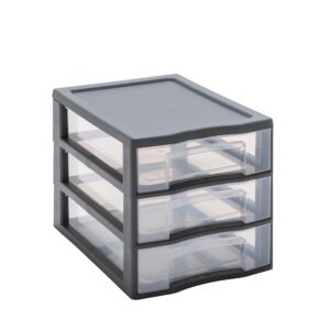SUNDIS Tag Tower - schubladenbox aus Kunststoff für Schreibtisch und Unterricht - grau, 3 transparente Schubladen für A4