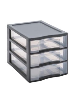 SUNDIS Tag Tower, Kunststoffschubladenbox für Schreibtisch und Unterricht, grau, 3 transparente A4-Schubladen, 25,5 cm h
