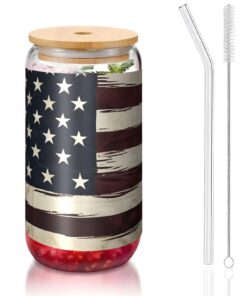 STVYUKL Glasbecher mit Bambusdeckel und Strohhalmen, wiederverwendbar, Kaffee-Becher, Designnamel Glasbecher für Whiskey
