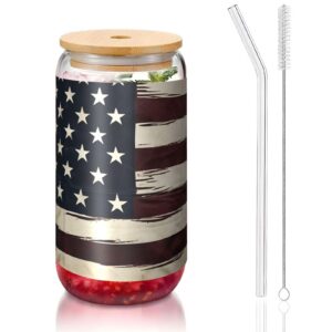STVYUKL Glasbecher mit Bambusdeckel und Strohhalmen, wiederverwendbar, Kaffee-Becher, Designnamel Glasbecher für Whiskey