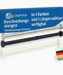 Onpira® Teleskopstange zum Klemmen – Duschvorhang‑ & Gardinenstange, rostfrei & ohne Bohren | 5 Längen 40–230 cm, hält b