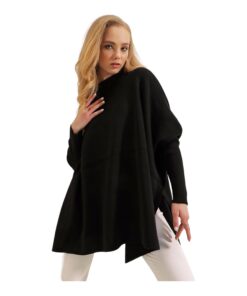 Schwarzer Strickponcho für Damen mit Fledermausärmel und geteilter Saum | Übergroßer Strickponcho mit Rundhalsausschnit