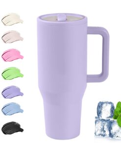 Thermo Becher mit Strohhalm und Henkel, 40oz/1200ml | Spülmaschinenfest | BPA Frei (Lila)