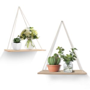 YiYa Schwimmende Holzregale für Küche, Schlafzimmer und Büro - Boho Deko mit Seilen und Pflanzen fürwandiger Schmuck