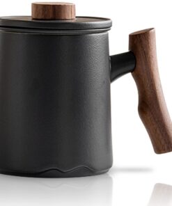 JanYoo 360ml Keramik Teebecher mit Deckel und Sieb für Einweichen Schwarz