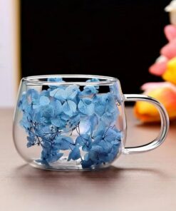 RYHMHA Doppelglas Kaffeebecher, Getrocknete Blumen Doppelt Isolierte Tasse, 2er Set mit Löffel, für heiße und kalte Getr