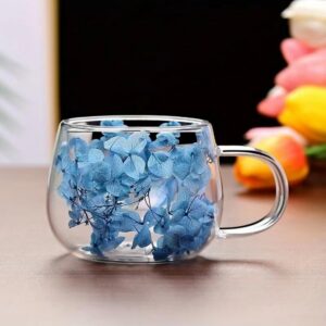 RYHMHA Doppelglas Kaffeebecher, Getrocknete Blumen Doppelt Isolierte Tasse, 2er Set mit Löffel, für heiße und kalte Getr