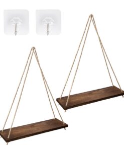 Holz Hängeregale für Wand Boho Style, 2 Stück Hängeregal Holz, Schweberegale mit Schnur ohne Bohren, Wanddekoration Boho