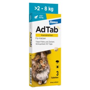 AdTab Katzen Zecken- und Flohbehandlung 2-8 kg, 1 Monat Schutz, Kautablette, einfach zu verabreichen (3 St. pro Packung)