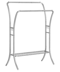 SONGMICS Silberner Kleiderständer für Schlafzimmer und Wohnzimmer - 2 Metall-Stangen mit 6 Haken und Ablageoption HSR109