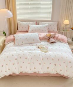Nyescasa Bettwäsche Wendebettwäsche Set 135x200 Weich Mikrofaser Weiß Rosa Tulpen Muster für Mädchen und Kinder