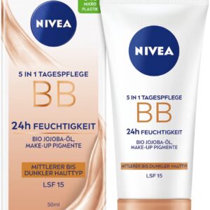 NIVEA 5 IN 1 Tagespflege BB 24h Feuchtigkeit LSF 15, getönte Tagescreme für mittlere bis dunkle Hauttypen