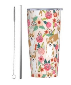 LOUJIN 590 ml isolierte Kaffeetasse Edelstahl Corgi Floral Flowers Reisebecher mit Strohhalm und Deckel auslaufsicher fü