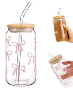 PWCTNT Trinkbecher mit Deckel und Strohhalm Für Bubble Tea, Kaffee oder Cocktail, Vielseitiges Glas für Rosa Schleife un