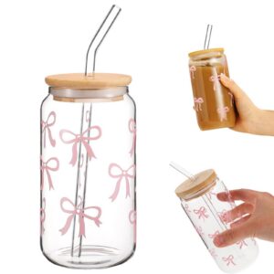 PWCTNT Trinkbecher mit Deckel und Strohhalm Für Bubble Tea, Kaffee oder Cocktail, Vielseitiges Glas für Rosa Schleife un