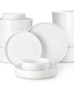 MALACASA LEAH Geschirrset 6 Personen Porzellan Modern Weiß mit Stehrand 24 Teile