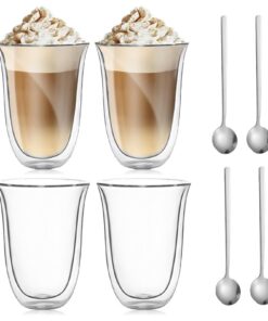 GOMETY Doppelwandige Latte Macchiato Gläser 4 x 300ml Cappuccino Tassen mit Henkel für Espresso und Cappuccino Thermoglä