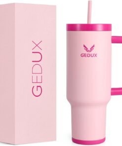 Gedux Rosa Trinkflasche mit Strohhalm 1.2L - Thermobecher mit Doppelwandiger Vakuumisolierung und Henkel - Spritzwasserg