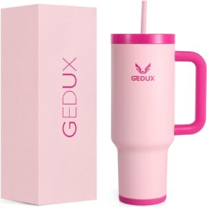 Gedux Rosa Trinkflasche mit Strohhalm 1.2L - Thermobecher mit Doppelwandiger Vakuumisolierung und Henkel - Spritzwasserg