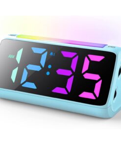 Digitale Uhr Kinder Schlafzimmer (Blau) - Bunte LED-Anzeige, 0-100% Helligkeit, 2 Alarме, Snooze, 3 Weckstärken, USB-Lad